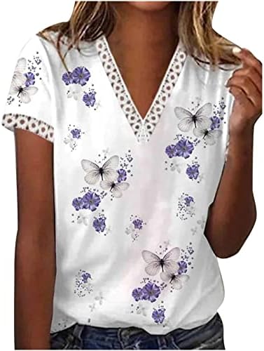 Малку кошула со маички со чипка за чипка за женски врвови на вратот, модни цветни маици за печатење, обични блузи со краток ракав, лабава маица Туники