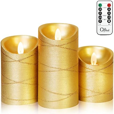 Кристал Клуб треперејќи бесрамни свеќи со тајмер, сет од 3 LED свеќи со сјајна низа, златни свеќи со далечински управувач и батерии управувани