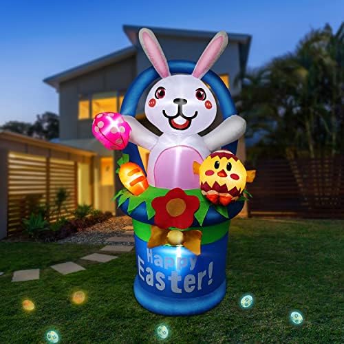 Велигденски надуени за надувување Bunny Basket & Chick - 4FT Велигден и 6 LED светла, разнесени велигденски украси на отворено
