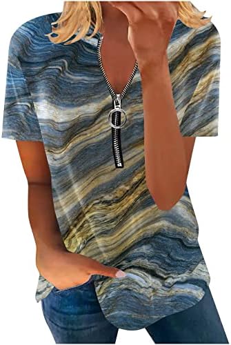 Lcepcyенски мермер печатење v врат Краток ракав Туника Топ летен летен блок во боја лабава кошула со патент