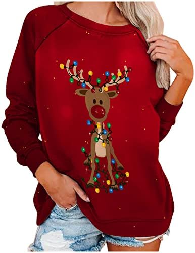 Женска хертема маичка смешна Божиќна елемент графички екипаж на екипажот со долг ракав Раглан Тери Обичен симпатичен пулвер врвови