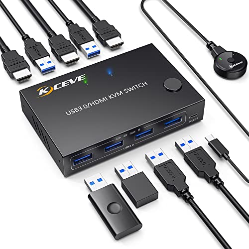 KVM HDMI Прекинувач 2 Порти, USB 3.0 KVM Прекинувач Кутија Со Едид-Емулатор Функција, Поддршка 4k@60hz Резолуција за 2 Компјутери