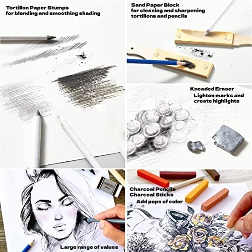 Комплет за скици со молив со јаглен Artskills, уметнички комплети за возрасни 39 парчиња графит молив сет и јаглен за уметност