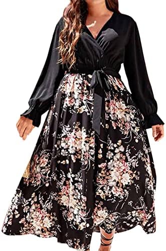 Фустан од миашуи за жени помлади жени плус големина пролет и лето V вратот цветна декорација на печатење