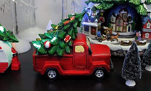 Божиќен декор гроздобер црвен камион со новогодишна елка, божиќен декор на таблети со LED светла - батерија управувана од моменти