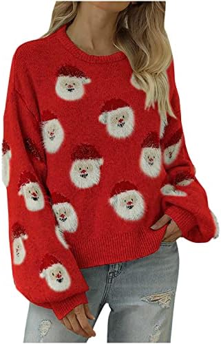 Божиќен џемпер за жени Фази на Дедо Мраз плетен џемпер случајно смешен Дедо Мраз грда Божиќен џемпер за жени