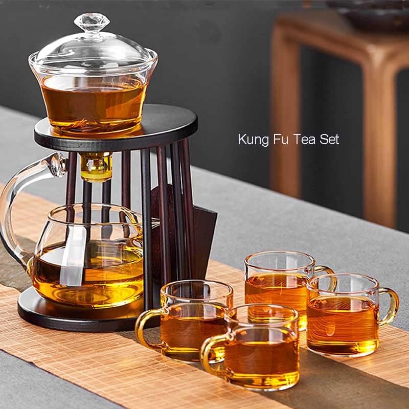 Стаклен чај отпорен на топлина поставен турски пренасочување на садови за капење, ротирачки капакот, полуавтоматски чајник, мрзливи кунг