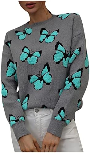 Женски џемпери за лилјаци и зимски пеперутки печатат тркалезен врат со долг ракав плетен џемпери џемпери за џемпер