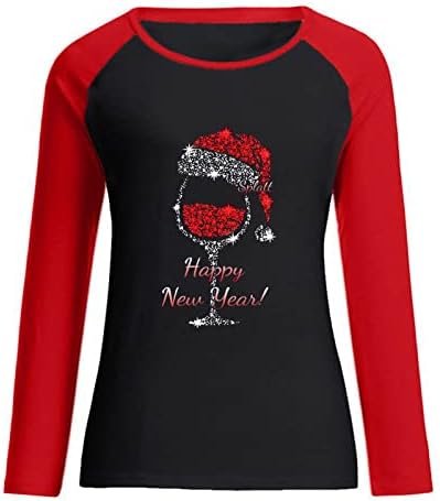 Среќна нова година џемпер за жени Божиќен долг ракав со екипаж на екипажот врвен моден капка рамено вино стакло пуловер