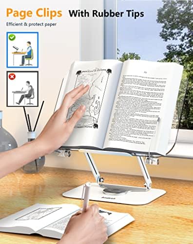 Акрилична книга за читање, прилагодлив држач за прилагодување на Амасрих со 360 ° ротирачки основни и клипови на страници, преклопна