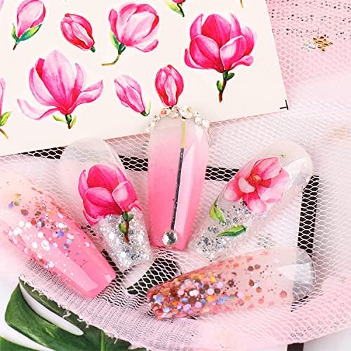 24 листови цвеќиња налепници за уметност за нокти, пролетни цветни нокти за пренесување на вода за пренесување на вода, холографски цветни лисја пеперутки нокти нал