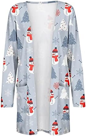 Грдите Божиќни џемпери за жени 2022 плус големина обична мода есен зимски кардиган со долг ракав отворен фронт, смешни Божиќни кошули, графички