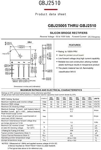 Диоди за исправувач на мостот Ggshasop, GBJ2510 25A 1000V Електронски силиконски диоди, 4-пински ROHS
