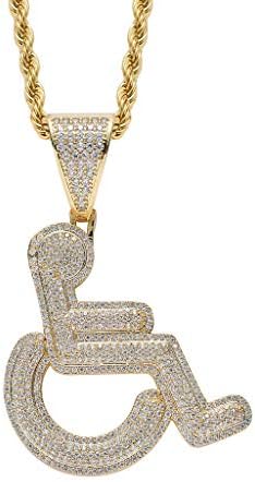 KMASAL накит Изотиран со инвалидска инвалидска количка лого, приврзок ѓердан 18K злато позлатено Bling CZ симулиран дијамант хип -хоп