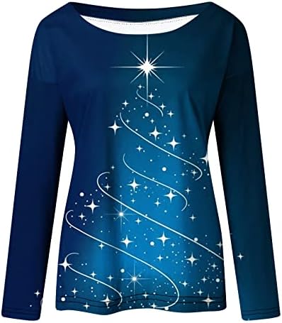 Кралско сино градиент starвездено дрво графички тенок туники врвови тинејџери девојки со долг ракав брод врат фестивал Божиќни блузи маички