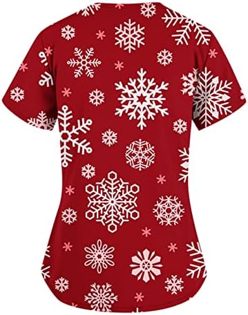 Scrubs for Women Casual Cright Relaive V-врат за работа со униформа пулвер, Божиќна печатење џебна блуза Туника врвови