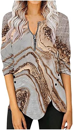 Неправилни кошули со полите за жени изречени странични исечоци со долг ракав четвртина палтовер врвови мермерни текстурирани блузи