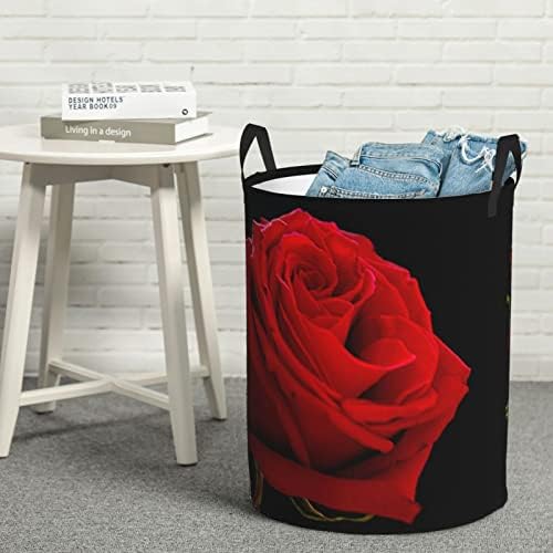 Црвена Роза Црна Позадина Печатење Голема Корпа За Перење Со Рачка Склопувачка Водоотпорна Пречка За Перење За Спална Соба, Медиум За Бања