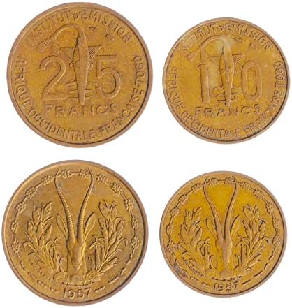 2 Монети Од Западноафриканските Држави | Западноафриканска Колекција На Монети 1 25 Франци | Циркулирана 1957 | Пила | Епрувета