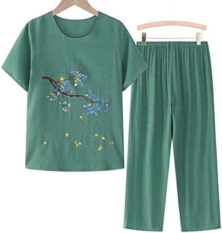 Женски пижами поставени за жени памучни постелнини со кратки ракави за спиење широки нозе капри панталони летни обични пакети