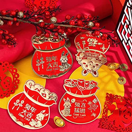 Симпатична Кинеска Нова Година Црвени Пликови 12 Парчиња Среќни Пликови Во Облик На Торба Со Кинески Благослов Зборови Зајак Лунарна
