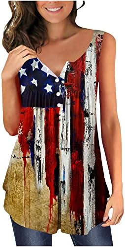 LMDUDAN 2023 Ден на независност на резервоарот за жени за жени мода со плетенка без ракави, американско знаме, печатено проточно Хенли Теи