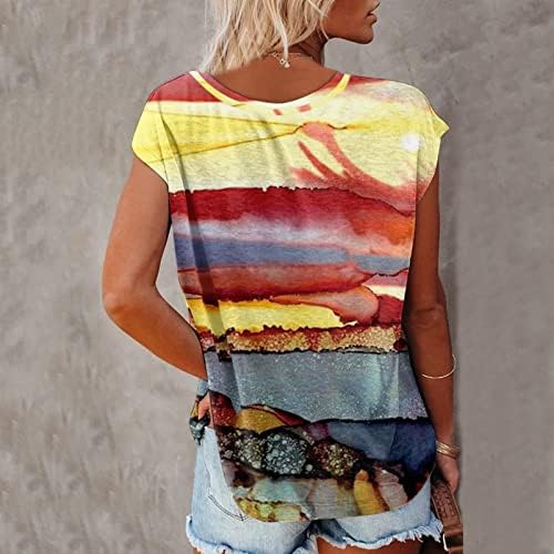 Womenените со долги ракави маички графички маички смешни женски ленти во боја блок краток ракав против вратот летен лесен лабав