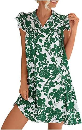 Lutionенски летни цветни печатени фустани мода секси ракав за руфли V вратот од работа, обичен флорен замав мини плажа фустан