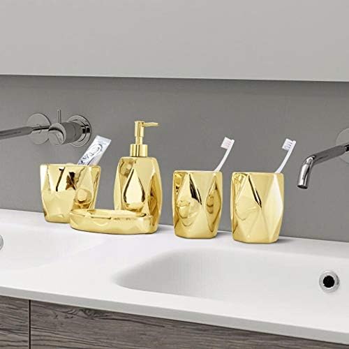 SOAP диспензер шише лосион диспензер луксуз злато 5 парчиња додаток за бања сет керамика изработен сет вклучува сапун и лосион диспензер за