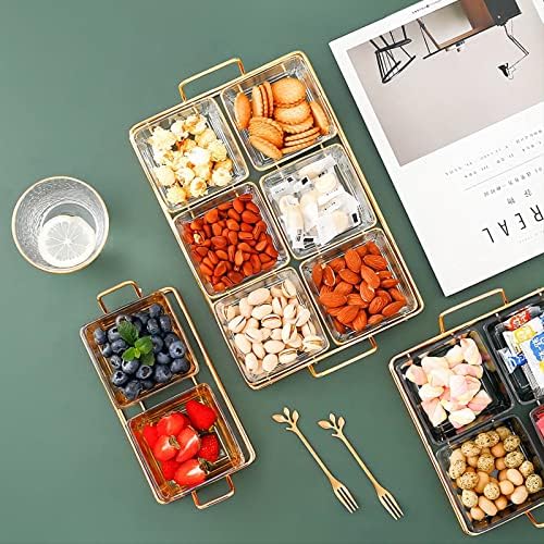 3 квадратни стакло кои служат сад со златен метал решетка, чип и натопи, фиоки за храна за забава, штандови за ореви, овошје, закуски,