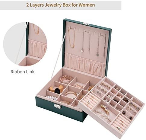 Насмевка Кутија За Накит За Жени Девојки, Кутии За Организатори На Стп Кожа Со Заклучување, 2 Слоја Голема Кутија За Складирање