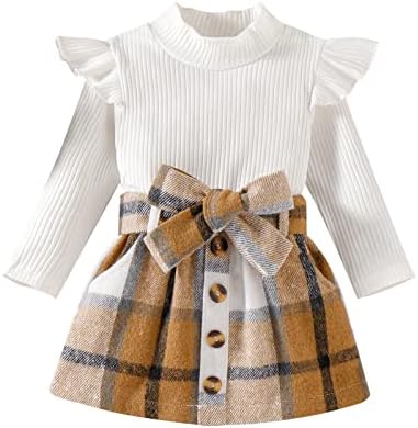 Дете Бебе Девојки Мода Здолниште Облека Ребрести Џемпер Кошула Блузи + Карирани Мини Здолништа Фустан 2 Парче Облека Во Собата