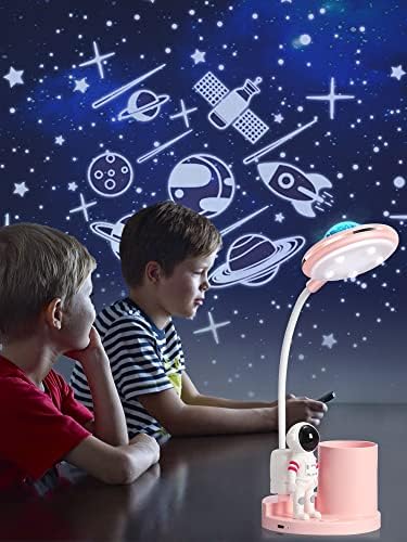 Астронаутска биро за деца, LED проекција ноќно светло со USB-порта за полнење и држач за пенкало, ламби за розови биро Каваи, додатоци