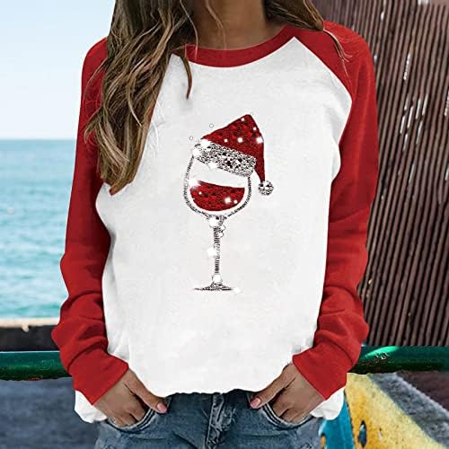 Brkewi грди Божиќни џемпери жени мода 2023 новогодишно екипаж со долги ракави џемпери кои трепкаат чаши за вино за печатење кошула