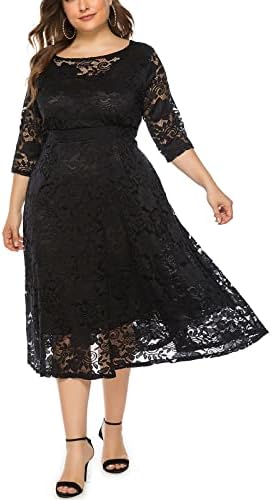 Fragarn летен макси фустан, женски темперамент со три четвртина ракав чипка чиста чиста цврста боја О-вратот плус фустан со големина