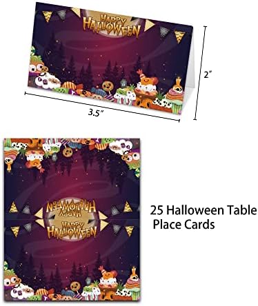 Картички за табели за Ноќта на вештерките, картичка за празно место за седење за маса, 25 етикети за шатори за храна со вклучена храна,