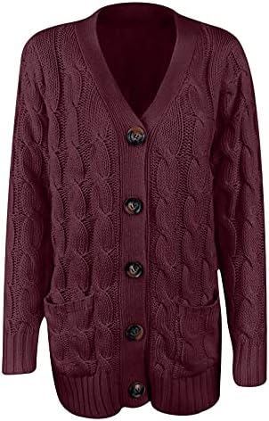 Wpoumv кардиган џемпери за жени отворени предни кабел со долг ракав плетен џемпер случајно лабаво цврсто копче палто со џеб
