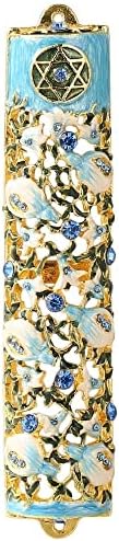 Маташи 3,5 рака ја насликаше Мезуза со свиток - украсена со бршлен и цвеќиња дизајн 24к злато и сини кристали Еврејски празник Домаќинство на