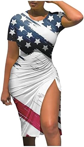 Лето Фустан за Жени 2023 Денот На Независноста Печати Тесни Колк Фустан Круг Вратот Краток Ракав Сплит Чипка Фустани