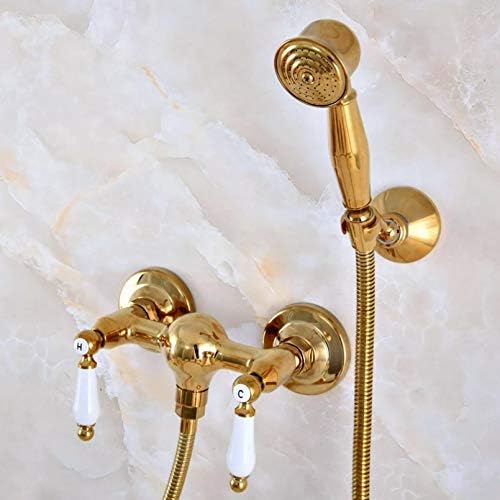 Полиран златна боја месинг за бања со рака, држена тапа за тапа за глава за туширање, сет миксер, двојни керамички рачки