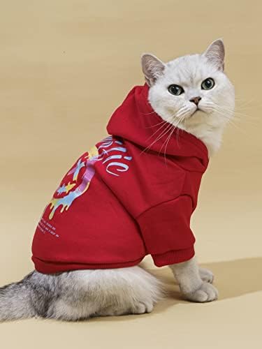Qwinee Letter Graphic Cat Hoodie Dishatable Streathy Sweatshirts со капа топла облека за мачки за мали средни големи мачки кучиња црвени