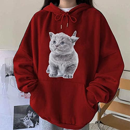 Худи за жени 2023 година, Унисекс кошула со долг ракав Преголема графичка маичка 3Д печатење пулвер качулка мачка кучиња врвови