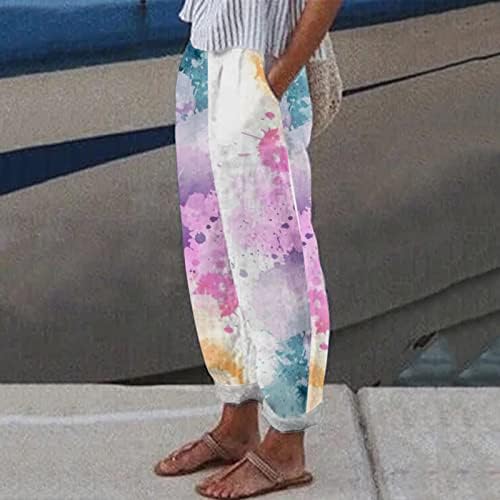 Женски обични постелнини панталони 2023 лето цвеќе печати удобни џемпери еластична половината памучна постелнина панталони