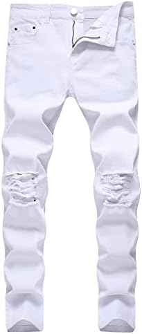 Фсахејки фармерки за мажи слаби искинати, еластични панталони со права нозе Машки дополнителни долги искинати фармерки Забава за забавување