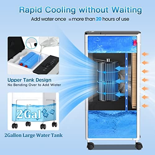 Преносни климатизери, 3-во-1 климатик за просторија со 2 гал резервоар за вода, ладилник за испарување на воздухот со 4 режими и 3 брзини, преносна