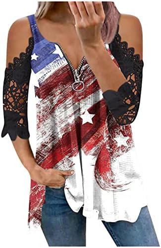 Americanенски американски знаме со лента со шарени чипка ладно рамо маици 4-ти јули Ден на независност лабави графички кошули