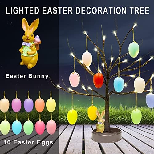 LED Велигденски украси Дрво со светла 21in 24 LED Велигденски јајца украси дрво со велигденски зајаче за домашни маси Велигденски