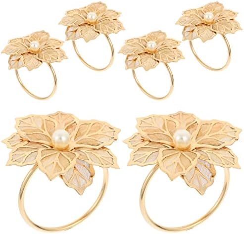 Beavorty Gold Balpkin Rings 6pcs шупливи од цветните салфетки држачи со бисери од метална легура на салфетка прстени поставени за венчавки за