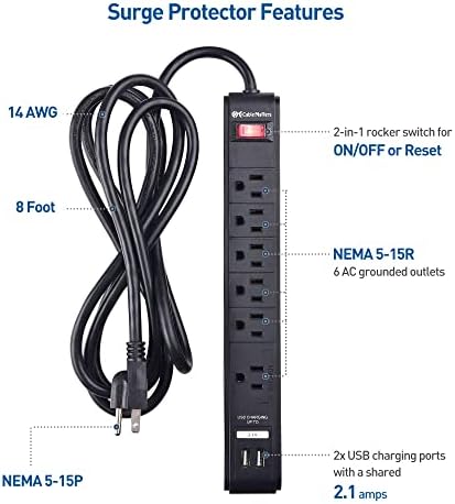 Кабелски работи со 2-пакет 6 излезни заштитни ленти за напојување со USB, кабел за продолжување на должина од 8 стапки во кабел за продолжување