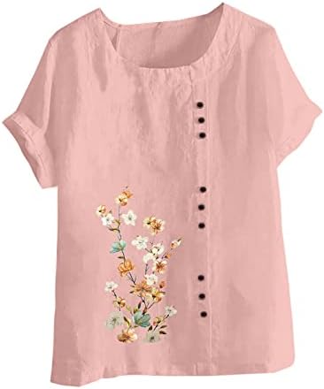 Маички за жени летни обични памучни ленени врвови на ленени плус големина цветни печатени слатки маички лабави вклопувани блузи